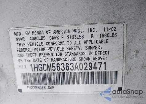 2003 Honda Accord 2.4 Lx z USA, uszkodzony, nr VIN 1HGCM56363A029471